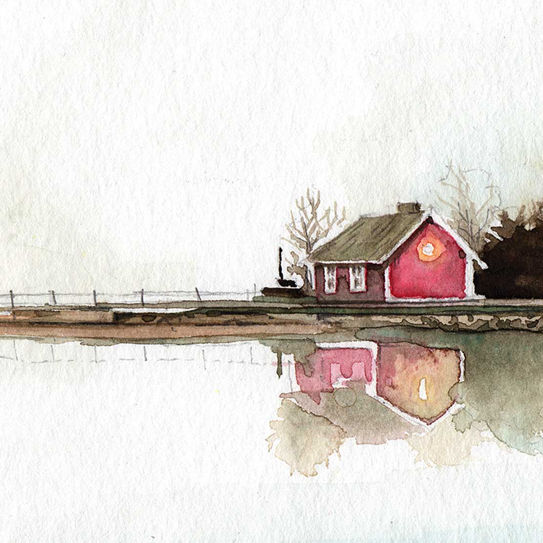 „Swedish Lakeside Landscape“ – Aquarell